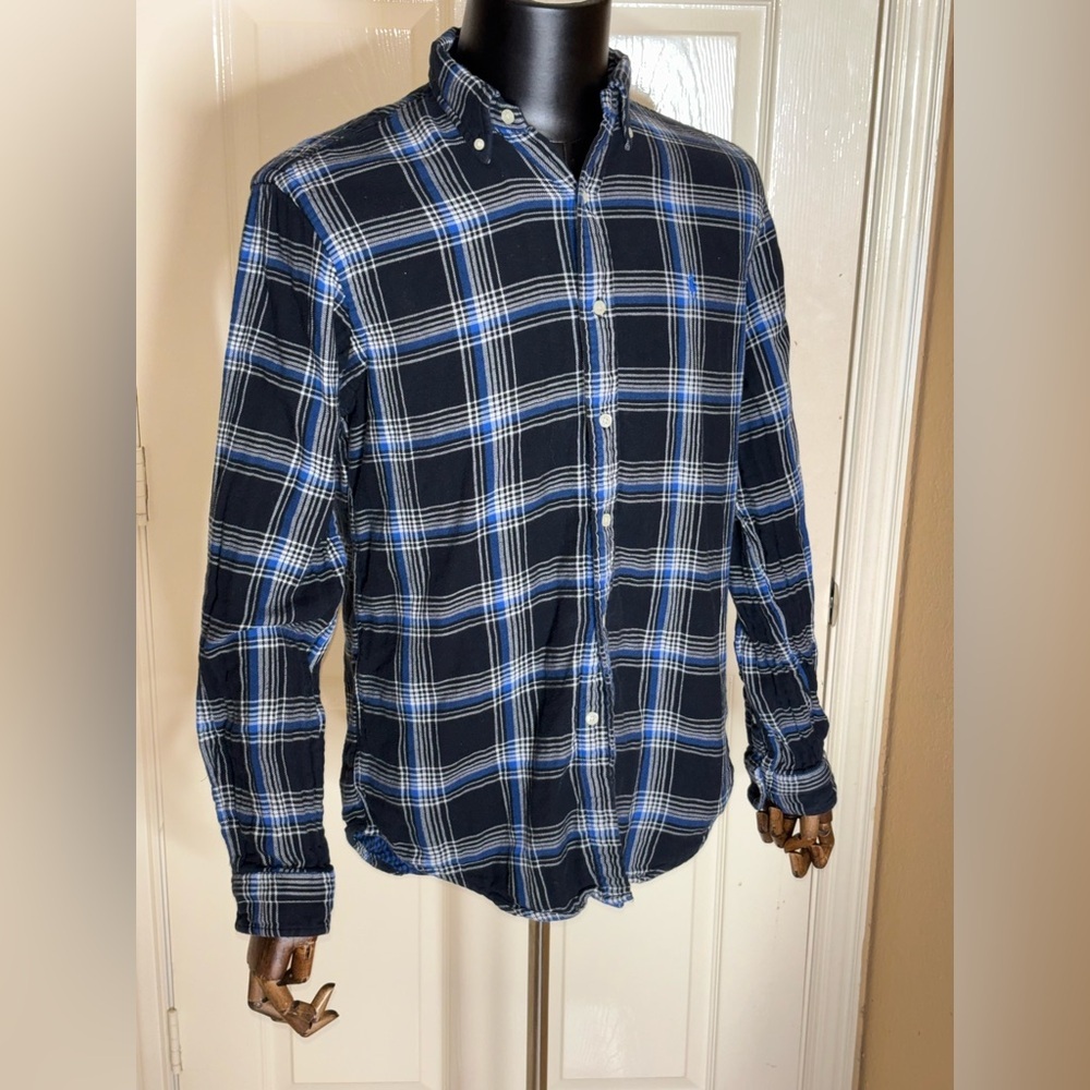 RALPH LAUREN Mens M DOUBLE FACED PLAID SPORT SHIRT Blue Black COTTON​
